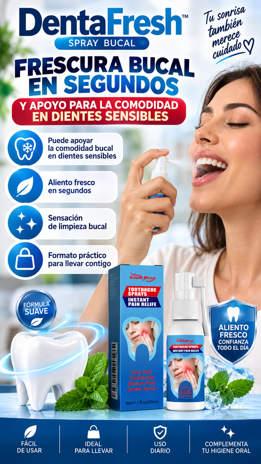 DentaFresh™ Spray: frescura bucal y apoyo para dientes sensibles en segundos.